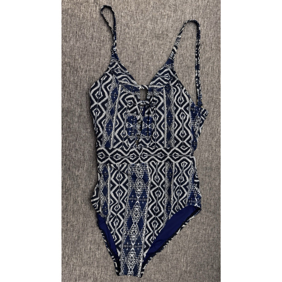 La Blanca Designer Jeans Keyhole one Piece Swimsuit Size 4 Blue Aztec White - Picture 2 of 6